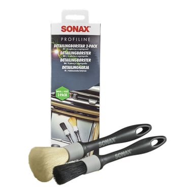 Två Sonax Deep Cleaning Brushes Profiline 2-pack med svarta handtag och ljusa och mörka borst placerade framför produktens förpackning.