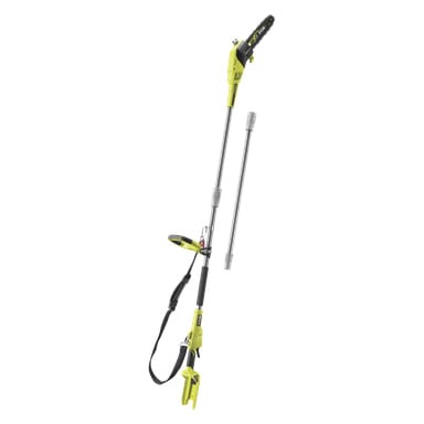 Ryobi Max Power zasilana akumulatorową piłą przycinanką z wydłużającym wałkiem RY36PP25A-0", wyposażoną w odczepiany wałek przedłużający, pasek na ramię oraz głowicę piły łańcuchowej.