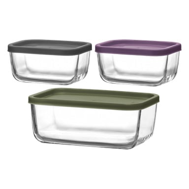 Ett set med tre rektangulära glasbehållare för matförvaring från märket No, var och en med ett färgat plastlock: mörkgrå, lila och olivgrön. Alla burkar är tomma.