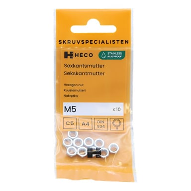 Kirkas muovipakkaus, jossa lukee "Heco 10 pack", sisältää kymmenen M5-kuusioksumutteria. Pakkauksessa on brändäys, tuotetiedot ja useita kuvauksia, ja mutterit näkyvät selvästi alareunassa läpinäkyvän osan läpi.