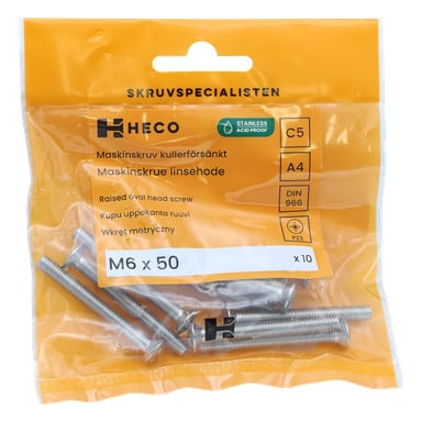 10 Heco-ruuvin paketti, M6 x 50 mm kohotetuilla ovaalipäillä, on läpinäkyvässä keltaisessa uudelleen suljettavassa muovipussissa, jossa on teksti ja erilaisia symboleja.