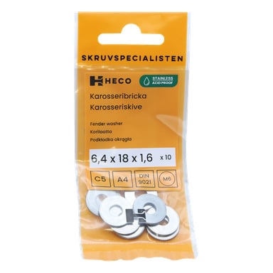 En plastpåse märkt "Heco 10 pack" rymmer tio rostfria stålbrickor i storlekarna 6,4 x 18 x 1,6 mm. Den orangea förpackningen visar produktkoder och olika texter.