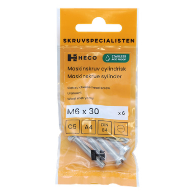 Kuuden pakkauksen Heco-ruostumattomasta teräksestä valmistettuja juustopääruuveja, M6 x 30 mm, näkyy kirkkaassa muovipussissa, jossa on oransseja yksityiskohtia ja tuotetietoja.