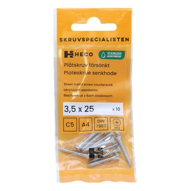En gul Heco-pakke merket "Screws 10 pack" inneholder ti rustfrie stålskruer med senket plate, med detaljer om sertifisering og størrelse vist på forsiden.