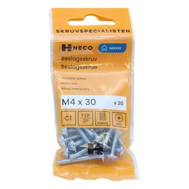 En förseglad orange och transparent plastpåse med 20 Heco Fitting-skruvar (M4 x 30 mm), med förpackning som visar produktdetaljer och specifikationer.