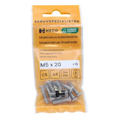 Ett 10-pack Heco-skruvar med rostfria, syraresistenta M5 x 20 mm upphöjda ovala skruvar. Förpackningen rymmer tio skruvar och har detaljerad teknisk information på framsidan.