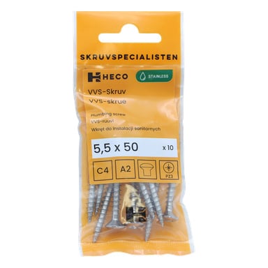 Ett gult Heco-märkt paket innehåller 10 rostfria HVAC-skruvar, var och en 5,5 x 50 mm, alla synliga inuti den genomskinliga plastförpackningen. Etiketten visar flera översatta beskrivningar och olika symboler.