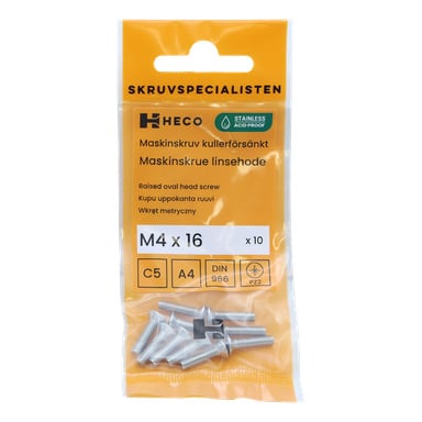 Ett 10-pack Heco Screws med upphöjda ovala huvuden av rostfritt stål, storlek M4 x 16 mm, visas upp. Förpackningen visar produktdetaljer och symboler som anger standarder och typ av skruvhuvud.