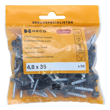 Läpinäkyvä muovipussi sisältää 50 HECO Farmer -ruuvia, kooltaan 4,8 x 35 mm. Oranssissa etiketissä näkyy Heco-logo, tuotetiedot ja kuvake, joka osoittaa soveltuvuuden ulkokäyttöön.