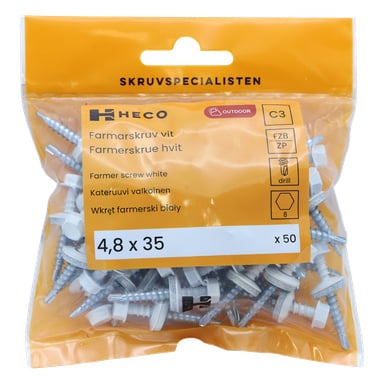 En gjennomsiktig pose merket "HECO Farmer skruer 50 pack" rommer 50 hvite skruer på 4,8 x 35 mm, designet for utendørs bruk, med symboler som indikerer kompatibilitet med en drill og et 8 mm sekskantet hode.