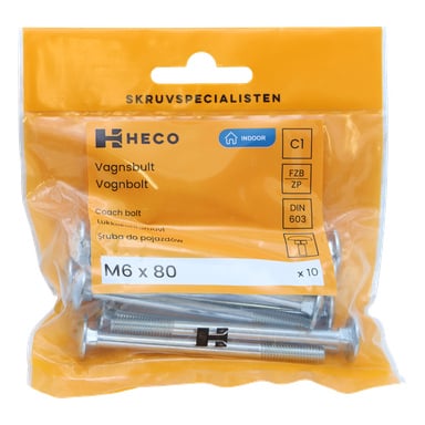 En forseglet Heco-pose, oransje og klar med en "10 pack"-etikett, rommer ti metallbolter på størrelse M6 x 80 mm. Pakken oppgir at de er for innendørs bruk, viser produktkoder, og oppgir begrepet "coach bolt" flere ganger.