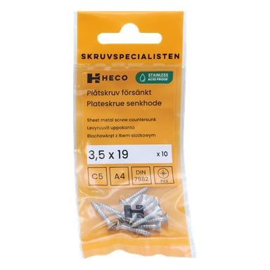 En pakke med Heco Screws 10-pakning, størrelse 3,5 x 19 mm, er avbildet. Den gul-oransje og gjennomsiktige emballasjen avslører de rustfrie forsenkte plateskruene inni, og har produktdetaljer.