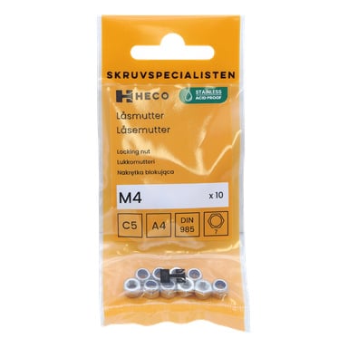 Keltainen muovipakkaus, jossa lukee "Heco Lock nuts 10 pack", sisältää kymmenen hopeista lukitusmutteria. Pakkauksessa on tekstiä ja symboleja, jotka osoittavat, että tuote on happokestävä ja valmistettu ruostumattomasta materiaalista.