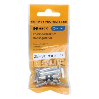 Keltainen pakkaus, jossa lukee "Heco Connecting screw 8 pack", sisältää kahdeksan nikkelipinnoitettua ruuvia ja pulttia, joiden koko on 28–36 mm, ja pakkauksessa on tekniset tiedot.