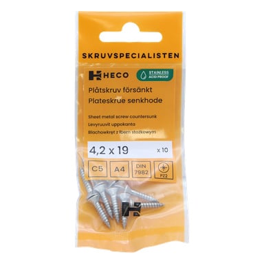 Ett plastpaket märkt med Heco-märket "Screws 10 pack" rymmer tio försänkta plåtskruvar, storlekarna 4,2 x 19 mm. Förpackningen visar produktdetaljer och framhåller att skruvarna är rostfria och syrabeständiga.