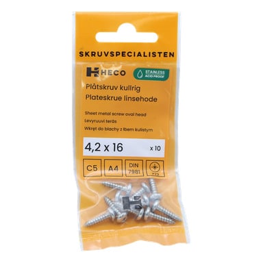 Keltainen Heco-pakkaus, jossa lukee "Screws 10 pack", sisältää kymmenen ruostumattomasta teräksestä tehtyä soikeaa peltiruuvia, kooltaan 4,2 x 16 mm. Etupuolella on erilaisia sertifiointisymboleja ja lisätekstiä.