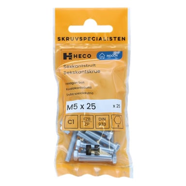 En genomskinlig plastpåse märkt "Heco 25 pack" rymmer 25 M5 x 25 mm hexagonbultar. Den orange och vita etiketten visar Heco-varumärket, produktdetaljer, tekniska specifikationer och certifieringar.