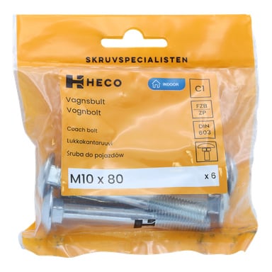 En forseglet oransje Heco-pakke merket "6 pack" rommer seks M10 x 80 mm bussbolter. Forsiden av emballasjen viser produktinformasjon og har et gjennomsiktig vindu som avslører boltene inni.