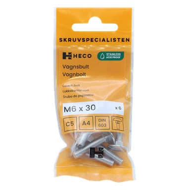 En forseglet oransje og gjennomsiktig plastpakke merket "Heco 6 pack" rommer seks rustfrie stålbolter med målene M6 x 30 mm. Emballasjen fremhever sertifiseringer og produktegenskaper.