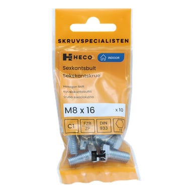 En gul SKRUVSPECIALISTEN-låda från Heco märkt "10 pack" rymmer tio silverfärgade hexagonbultar, storlekarna M8 x 16 mm, avsedda för inomhusbruk. Den nedre delen av paketet är genomskinlig och visar bultarna inuti.