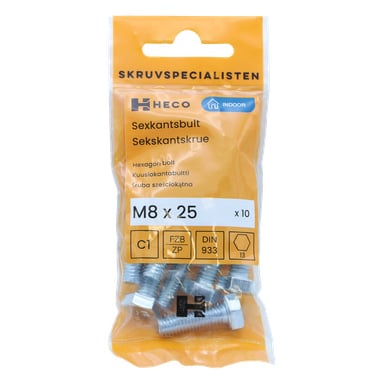 Ett transparent plastpaket med en orange Heco-etikett som visar "10-pack", med tio M8 x 25 mm sexkantsbultar. Etiketten innehåller varumärkesnamn, produktdetaljer och en streckkod.