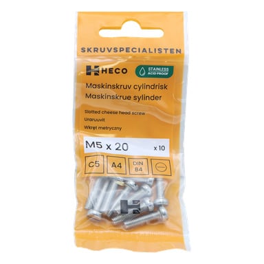 Kymmenen Heco-ruostumattomasta teräksestä valmistettua M5 x 20 mm uritettua juustopääruuvia on esitetty läpinäkyvässä muovipakkauksessa, jossa on etikettejä ja kuvakkeita, jotka osoittavat tekniset tiedot ja korroosionkestävyys.