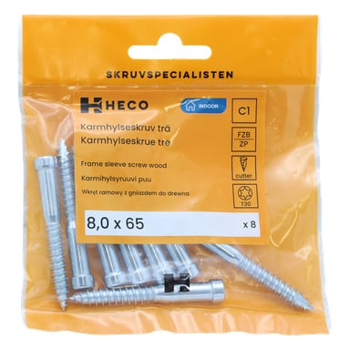 En klar plastpose fra Heco rommer seks sølvfargede treskruer til rammehylsen, hver på størrelse 8,0 x 65 mm. Emballasjen viser produktdetaljer og indikerer egnethet for innendørs bruk.