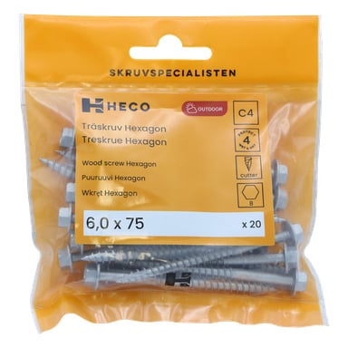 En genomskinlig plastpåse rymmer 20 Heco-träskruvar, var och en 6,0 x 75 mm. En orange etikett visar produktspecifikationerna och lyfter fram C4-korrosionsskydd för utomhusanvändning.