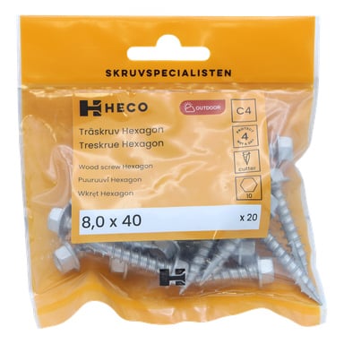 En transparent plastpåse med 20 silverfärgade hexagonala träskruvar i storlekarna 8,0 x 40 mm från Heco. Den orangea etiketten visar produktinformation och visar Skrufspecialisten-logotypen högst upp.