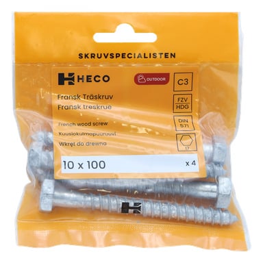 Muovikotelo, jossa lukee "Heco", sisältää neljä sinkityä ranskalaista puuruuvia, jokainen kooltaan 10 x 100 mm. Oranssi ja läpinäkyvä pakkaus paljastaa ruuvit ja paljastaa erilaisia tuotetietoja.