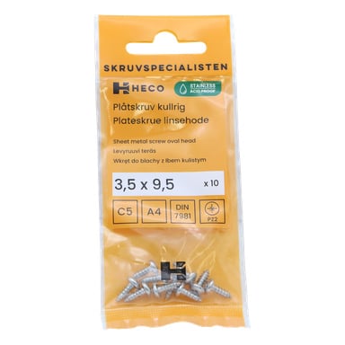 Ett paket med Heco-skruvar, 3,5 x 9,5 mm med ovala huvuden, innehållande 10 stycken. Etiketten visar produktinformation och flera beskrivningar.