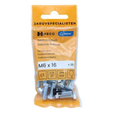 Kirkas muovi-oranssi pakkaus, jossa lukee Skrutvspecialisten, sisältää 25 M6 x 16 mm kuusikulmapulttia Heco-merkiltä, ja pakkauksessa on tuotetiedot sekä erilaiset kuvakkeet.