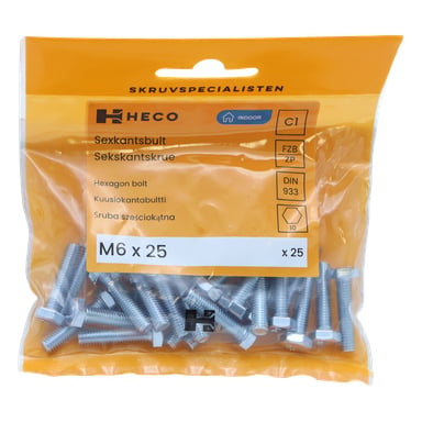 En genomskinlig plastpåse märkt Heco rymmer 25 silverfärgade hexagonala bultar i storleken M6 x 25 mm. Den orangevita förpackningen visar produktnamnet "25 pack" tillsammans med ytterligare produktinformation.