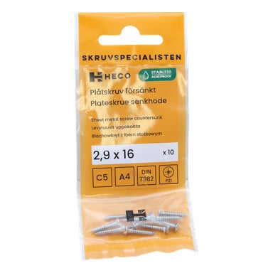 Ett gult "Heco"-paket rymmer tio rostfria stålskruvar i 2,9 x 16 mm sänkt plåt, marknadsförda som ett paket med 10. Förpackningen innehåller teknisk information, och fyra skruvar kan ses framtill.