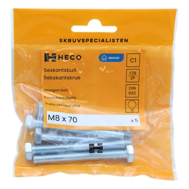 En plastpakke merket Heco rommer ti metall-sekskantbolter, hver på størrelse M8 x 70 mm. Etiketten gir produktdetaljer sammen med spesifikasjonsikoner.