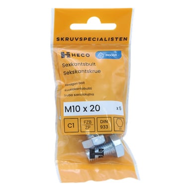 Ett paket med fem Heco hexagonbultar, M10 x 20 mm i storlek, är förpackat i en gul plastpåse med produktinformation och specifikationer tryckta på framsidan.