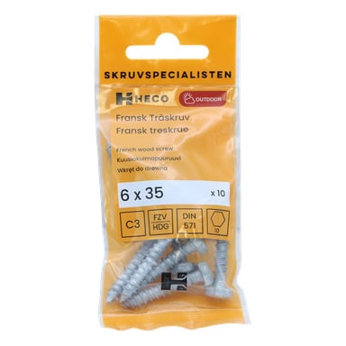 En plastpakke merket Heco French timber screws 10-pakke inneholder 10 skruer, hver 6 x 35 mm. Emballasjen viser ulike ikoner som viser utendørs bruk og tekniske detaljer.
