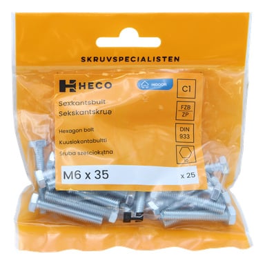 En genomskinlig plastpåse märkt "Heco 25 pack" innehåller M6 x 35 mm hexagonbultar. Den orange förpackningen visar produktspecifikationerna, och bultarna syns genom påsen.