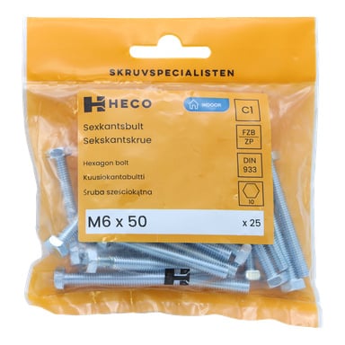 Läpinäkyvä muovipussi, jossa lukee "Heco", sisältää 25 pakkauksen M6 x 50 mm kuusikulmaisia pultteja. Oranssissa etiketissä on tuotespesifikaatiot, ja pultit näkyvät selvästi pakkauksen läpi.