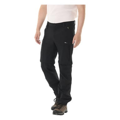 Osoba ubrana w jasną koszulę, męskie spodnie Abisko Kayoba Outdoor Men's na zip oraz brązowe buty trekkingowe.