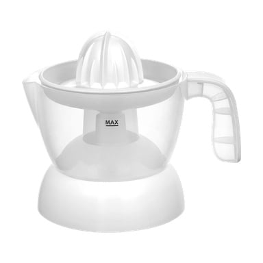 Klar plast Menuett sitruspresser med håndtak, en avtakbar reamer og en MAX fylllinje merket på siden.
