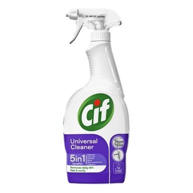 En vit CIF Universal rengöringssprayflaska med en lila etikett som visar ikoner som visar dess 5-i-1-ytfördelar, inklusive användning på bänkskivor och handfat. Etiketten lyfter fram dess kraftfulla avfettnings- och antibakteriella egenskaper.