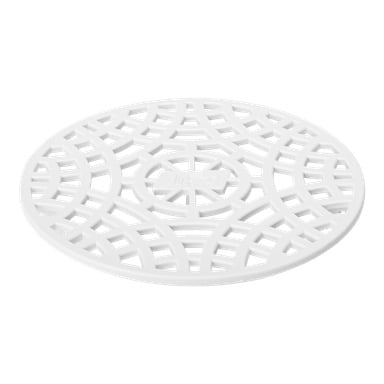 En sirkulær hvit plast gulvavløpssil laget av JAFO, med et geometrisk nettlignende rutenett og et hevet mønster. Midten har et lite rektangulært område med preget skrift.
