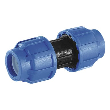 Sprzęgło PEM Curaqua z niebieskim plastikowym korpusem i czarnym środkiem, oznaczone 25 mm i DN20.
