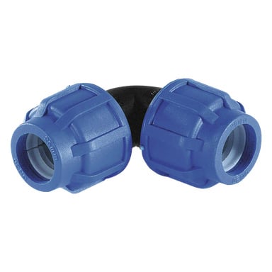 Curaqua PEM-kobling, en svart albue-rørkobling med to blå skruelokk merket 25 mm og DN20.