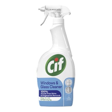 En vit sprayflaska med CIF Power & Shine fönster- och glasrengöringsspray, som visar CIF-logotypen, produktdetaljer i grönt och lila samt ikoner som betonar dess streckfria finish, snabbtorkningstid och miljövänliga egenskaper.