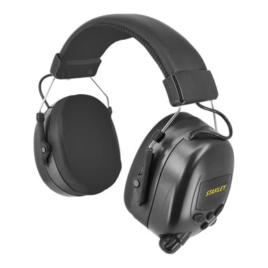 Stanley öronmuffar med Bluetooth SY353: svarta, över-öronskyddande hörselskydd med ett dämpat huvudband och öronkåpor som kan justeras. Den högra öronkåpan visar den gula Stanley-logotypen och har praktiska kontrollrattar. Utformad för att erbjuda starkt hörselskydd vid höga miljöer.