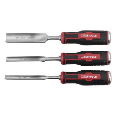 Tre Meec Tools-skämtor av varierande bredd (24 mm, 16 mm och 10 mm) med metallblad och svart-röda handtag märkta med Meec Tools-märket, utlagda horisontellt i en rad.