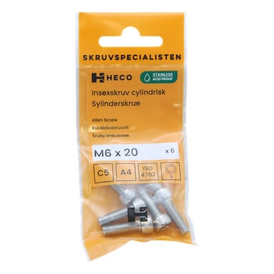 Ett genomskinligt plastpaket rymmer sex Heco rostfria maskinskruvar med sexkantade hylsor, storleken M6 x 20 mm. Den orange och vita etiketten visar produktinformation och olika specifikationsikoner.
