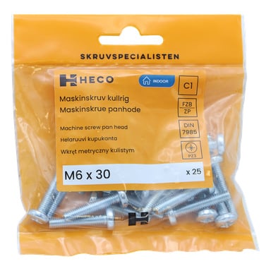 En förseglad orange plastpåse med Heco-märket rymmer 25 MRX-maskinskruvar, var och en M6 x 30 mm stor. Etiketten innehåller produktinformation och anger att skruvarna är avsedda för inomhusanvändning.